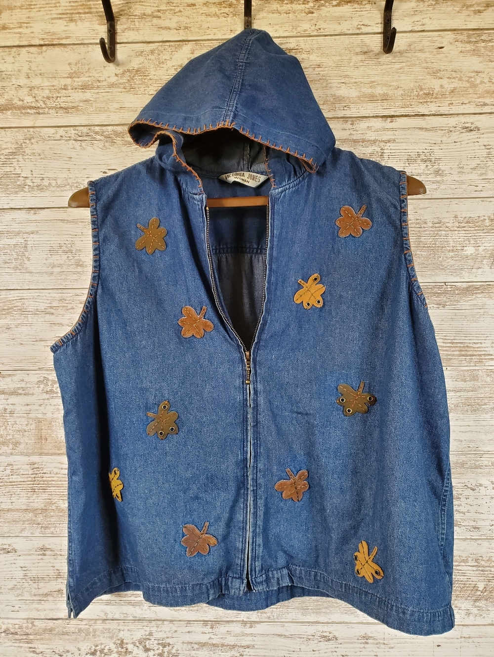 Victoria Jones Appliqué Leather Autumn Leaves Jean Vest Hood Vintage - Picture 2 of 15